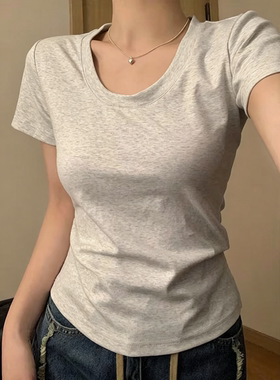 简约正肩t恤女装夏季新款显瘦百搭打底衫辣妹洋气水滴U领短袖上衣