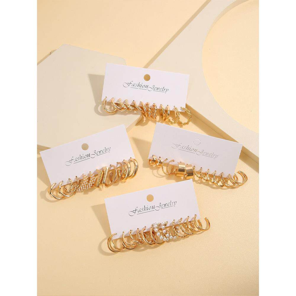 黄金颜色覆古箍耳环集为妇女波西米亚金属Ci