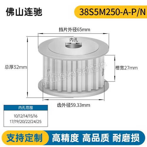 S5M38齿 两面平同步轮 槽宽27 AF型 同步皮带轮齿轮铝38S5M250-A