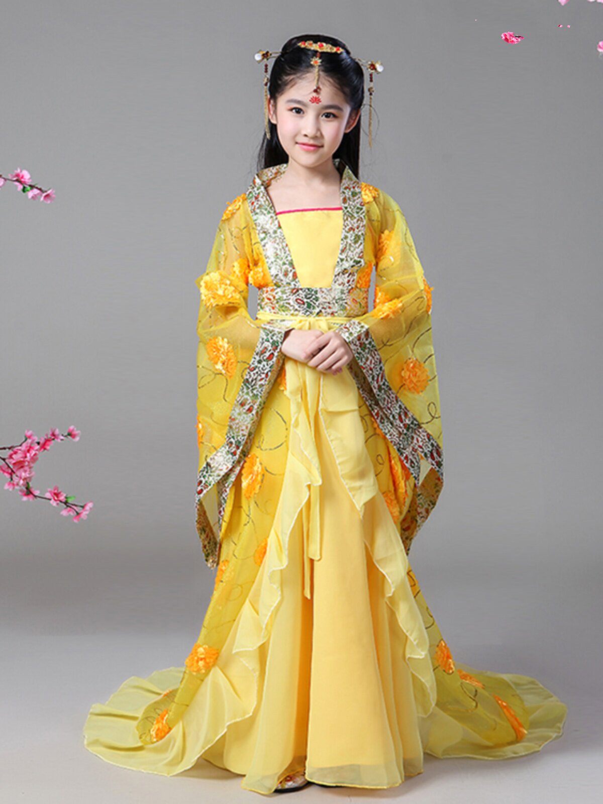 儿童古装贵妃拖尾表演服唐朝仙女裙古代汉服娘娘唐装演出服装春夏