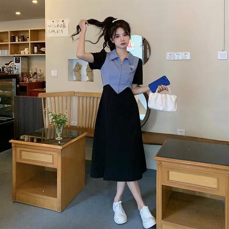 假两件撞色翻领连衣裙女学生胖mm设计感开叉甜R美减龄收腰中长裙