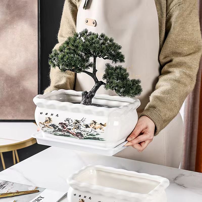 长方形陶瓷花盆带托盘特大号 室内阳台多肉植物绿植绿萝花盆