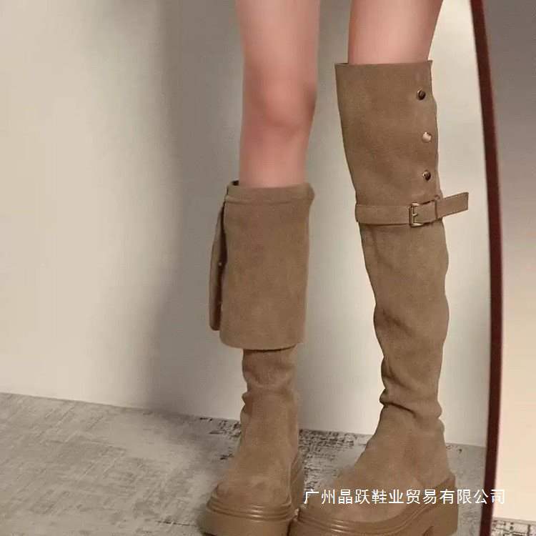 过膝长靴大筒围大码加绒厚底内加宽子女美胖mm厚底拉德长筒靴
