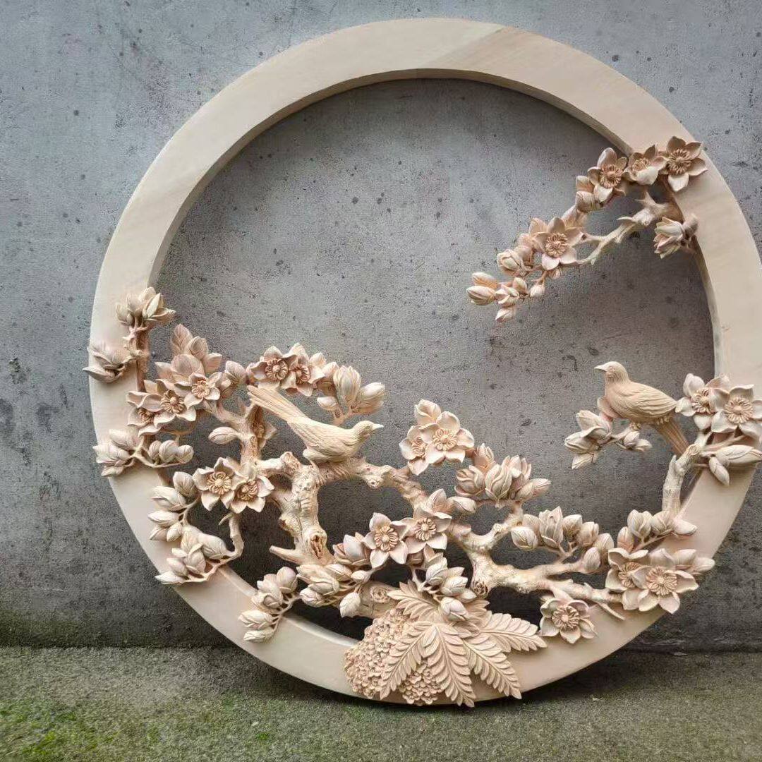 实木雕花窗花木板圆形镂空图案木雕东阳木雕雕刻仿古浮雕实木雕花