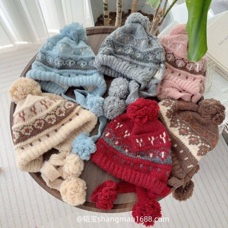 复古风儿童针织时尚护耳帽宝宝双层加厚毛球针织毛线帽秋冬防寒潮