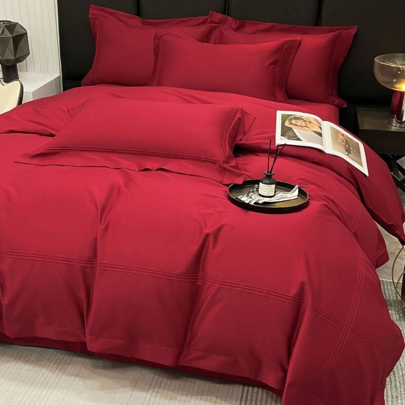 结婚四件套纯纯棉简约风婚庆100S长绒棉大红色全棉床单被套床笠,床上用品,婚庆床品套件,淘宝优惠券,粉丝福利购,淘宝优惠卷