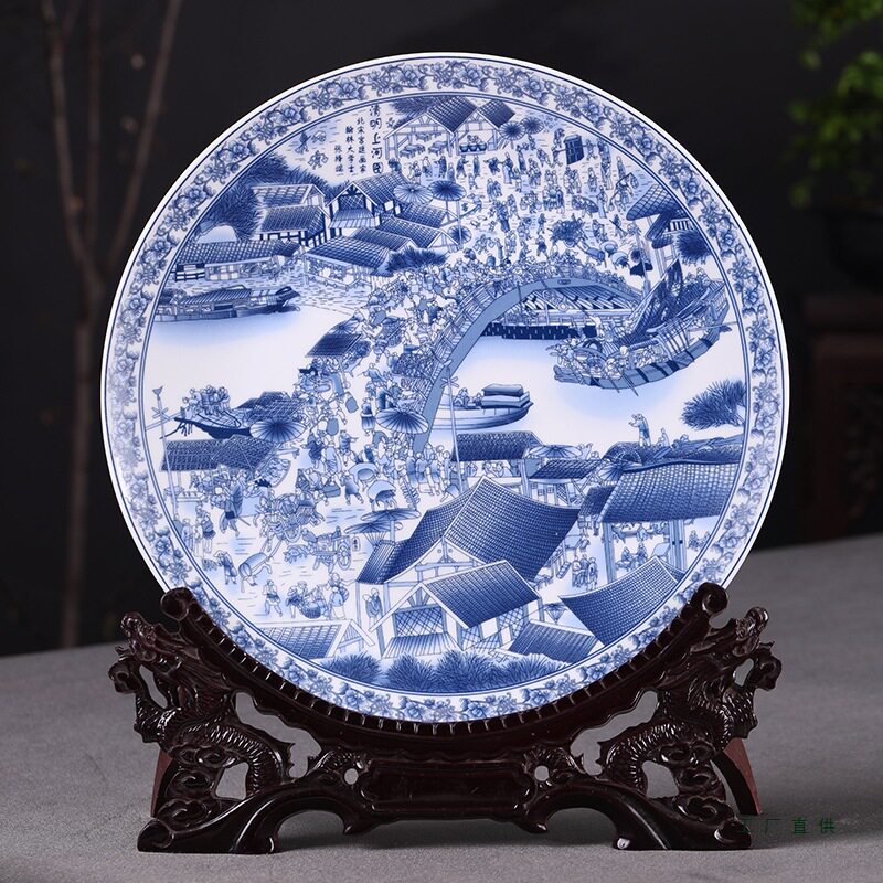 景德镇陶瓷青花瓷清明上河图挂盘装饰坐盘子现代中式客厅家居摆件