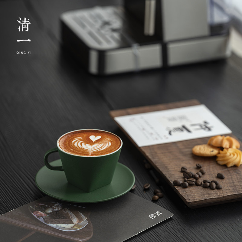 ?清一丨深林绿简约陶瓷咖啡杯碟套装 拿铁拉花杯 咖啡店创意杯子