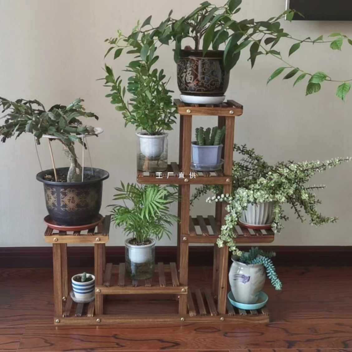 ?室内外实木质花架子阳台客厅碳化防腐绿萝多肉植物置物架落地多