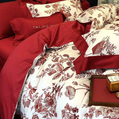 现代婚庆棉质四件套棉质结婚花卉数码印花被套床上用品床笠红色