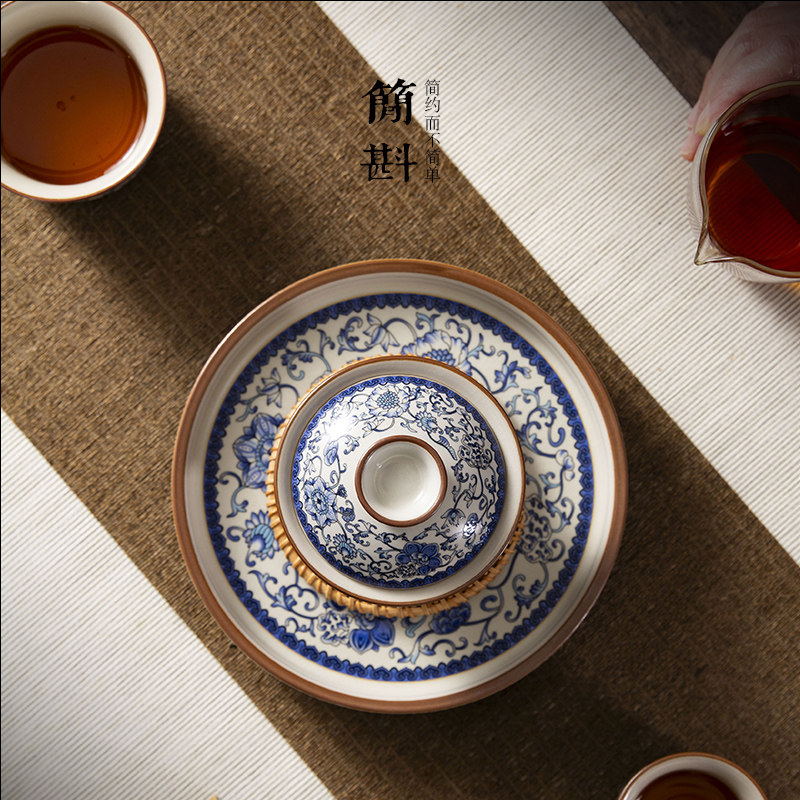 ?马蹄盖碗茶杯青花泡茶陶瓷壶承功夫茶具汝瓷悬停汝窑三才单个茶