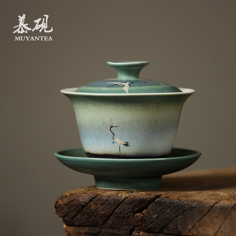 慕砚 盖碗茶杯纯手工功夫茶具泡茶器 手绘釉上彩三才盖杯大号茶碗