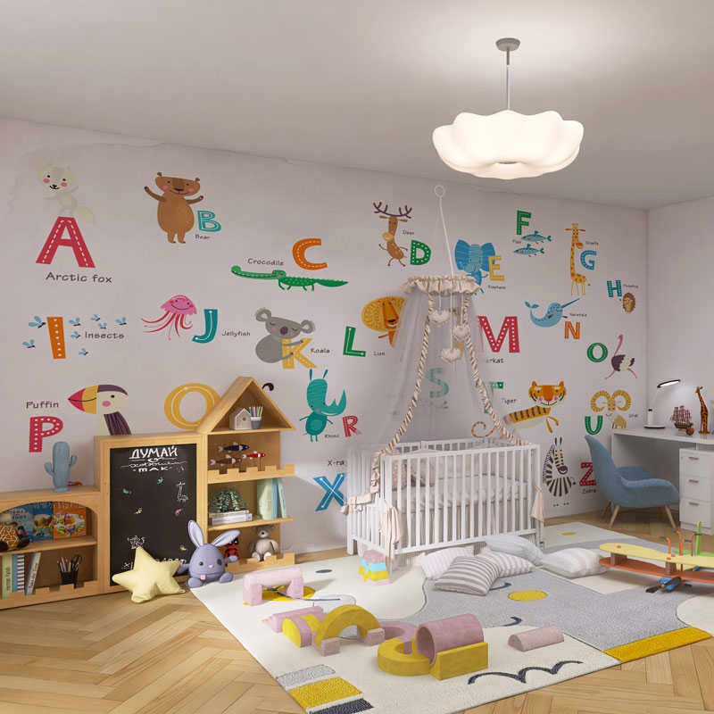 墙纸定制卡通英文字母儿童房床头背景墙壁纸卧室壁布装饰墙布壁画