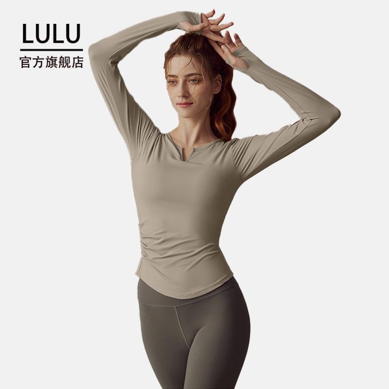LULU带胸垫瑜伽服女春运动长袖T恤专业普拉提训练健身跑步V领上衣