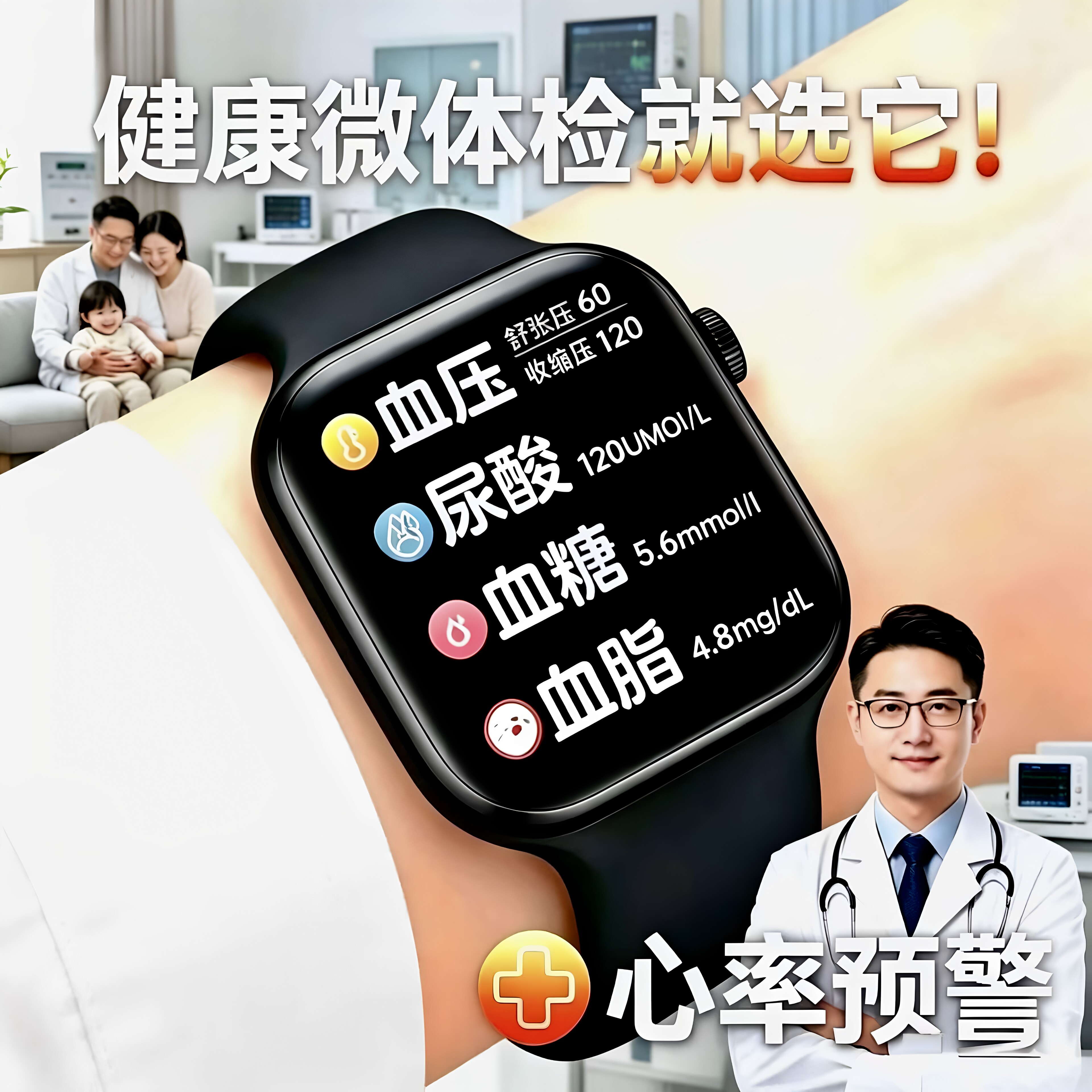 高精度三高血压血糖智能手表血脂尿酸微体检心率血氧健康通话手环