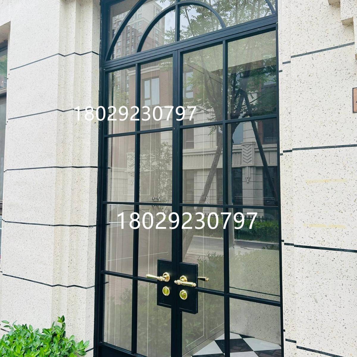 弧形方形格子铁艺玻璃入户门商铺防盗双开门美式平开门