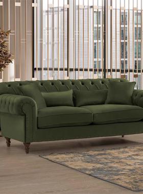 法式乡村大小户型客厅三人位高背布艺沙发墨绿色丝绒美式简约双人