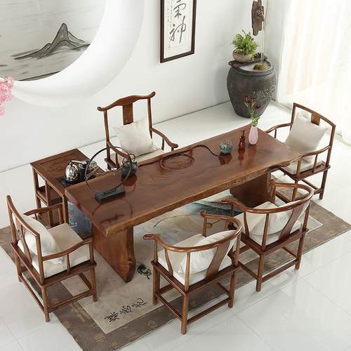 新中式全实木茶桌办公室待客洽谈大板茶桌家用稳固泡茶桌椅组合