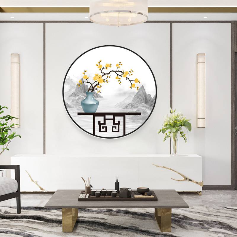 新中式玄关装饰画禅意圆形壁画入户挂画书房办公室迎门墙面迎客松图片