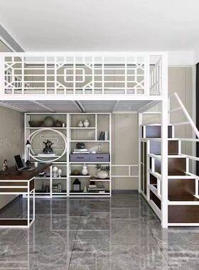 loft阁楼床省间床HTF复中国风复空金式床拼接属床铁艺高古架阁楼