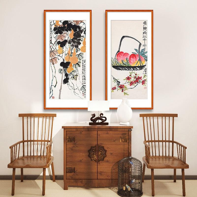 新中式客厅装饰画齐白石水果画水墨荔枝寿桃挂画书房国画餐厅壁画图片