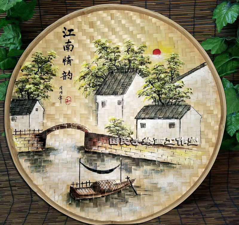 手绘竹编簸箕画田园墙面挂饰