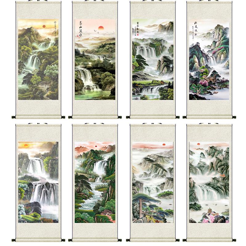 定制丝绸聚宝盆风景装饰山水画卷轴挂画客厅办公室字画竖版靠山画