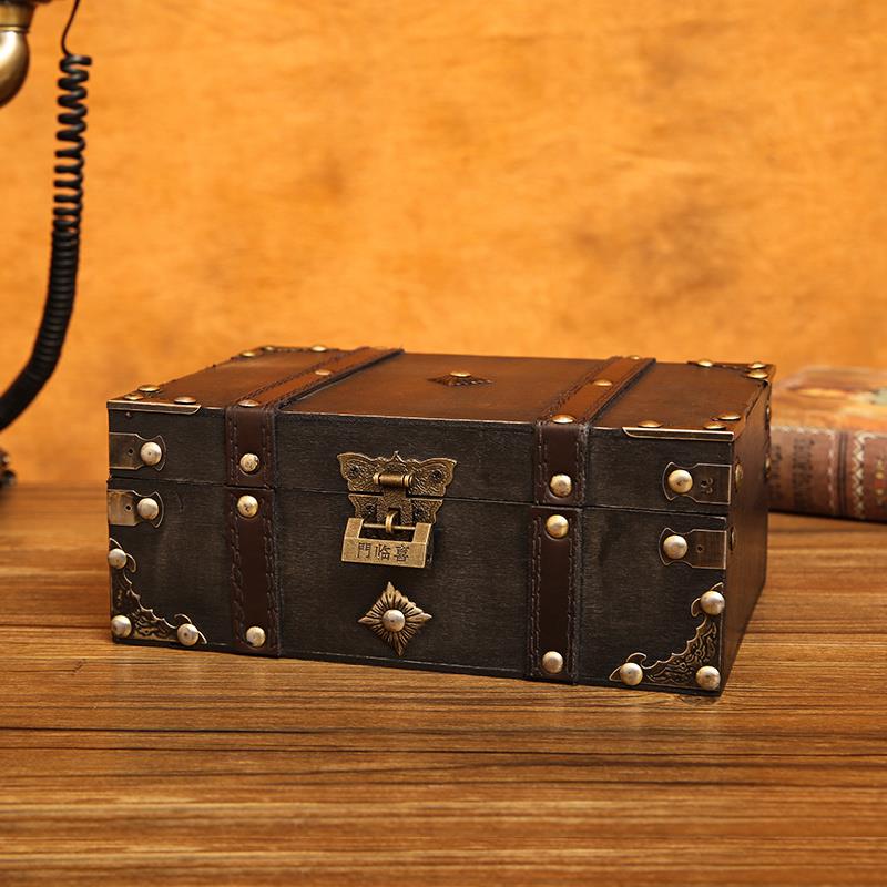 覆古化妆保险收纳盒带锁钥匙首饰盒百宝箱文件证件密码木质收纳箱