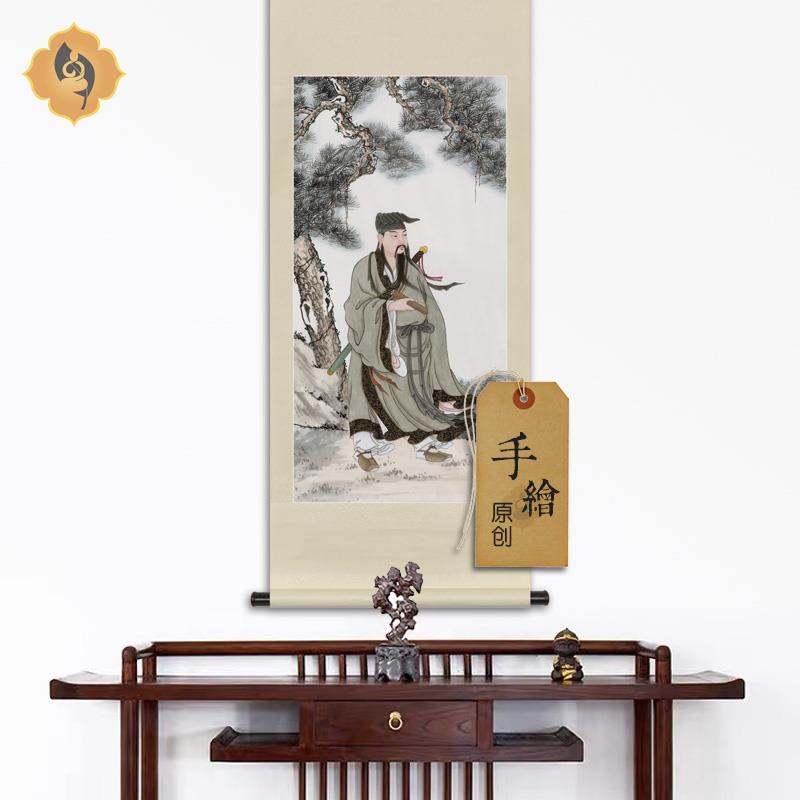 手绘真迹工笔人物国画吕祖吕洞宾纯阳子画像玄关中式卷轴画框挂画