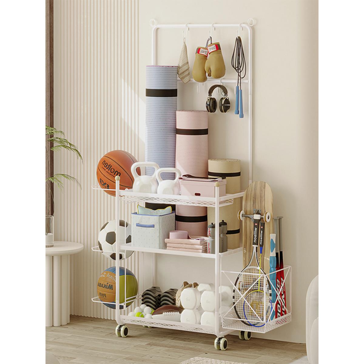 家用健身器材收纳架可移动瑜伽垫泡沫轴篮球运动器械多功能置物架