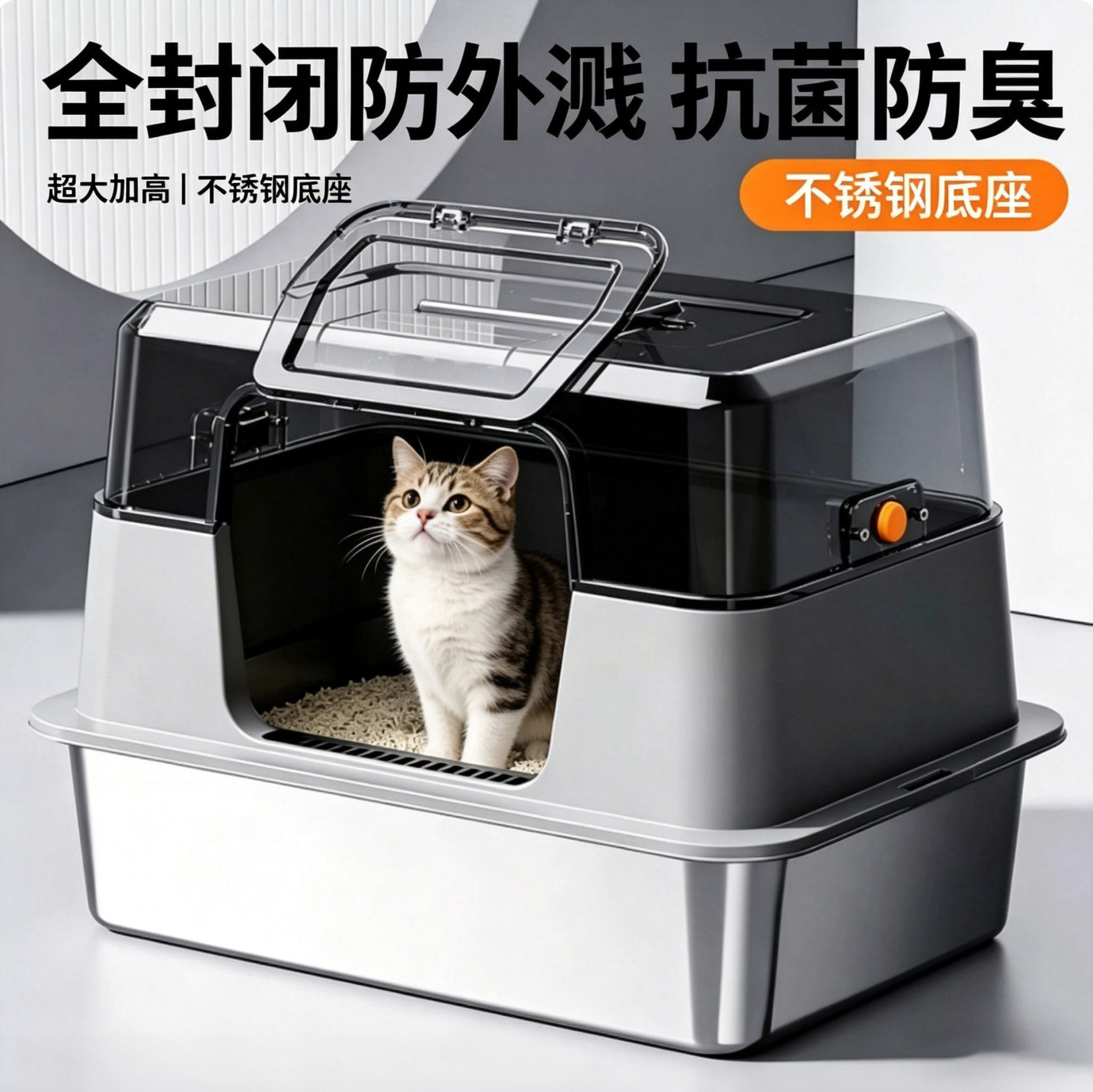 全封闭不锈钢底座防臭防溅猫砂盆