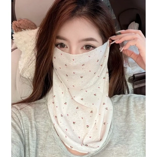 竹节罗纹夏季碎花防竹麻护脖半脸防护防晒防紫外线口罩夏天遮脸女
