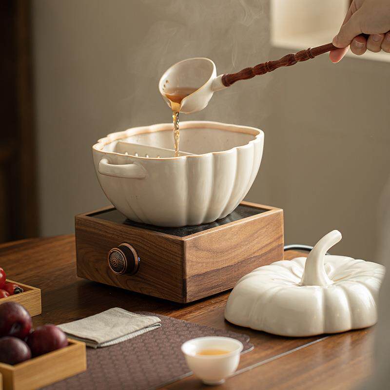古法南瓜煲养生煮茶器带盖陶瓷罐苏打釉白茶煮茶碗围炉烤奶电陶炉