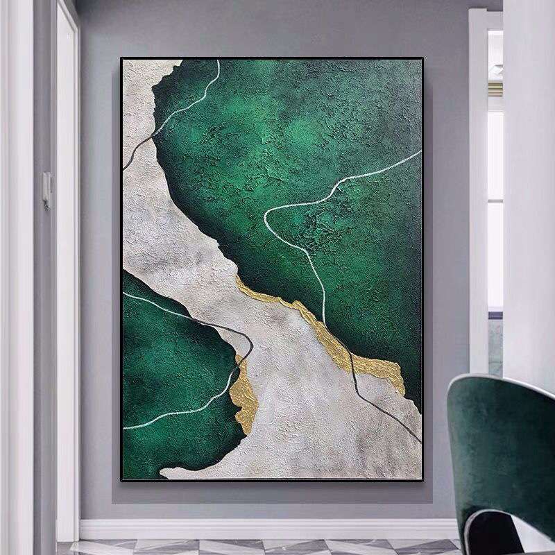 纯手绘抽象油画客厅玄关落地装饰画手工绘制厚肌理画绿色成品挂画