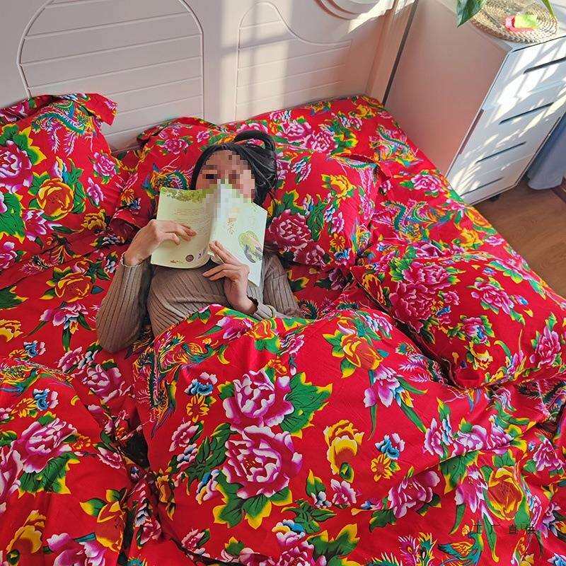东北大花布四件套棉质床单被套婚庆被罩田园棉质布料加厚简约