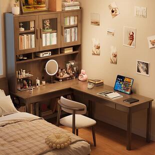 实木转角书桌书架一体小户型家用电脑桌拐角L型办公桌卧室写字桌