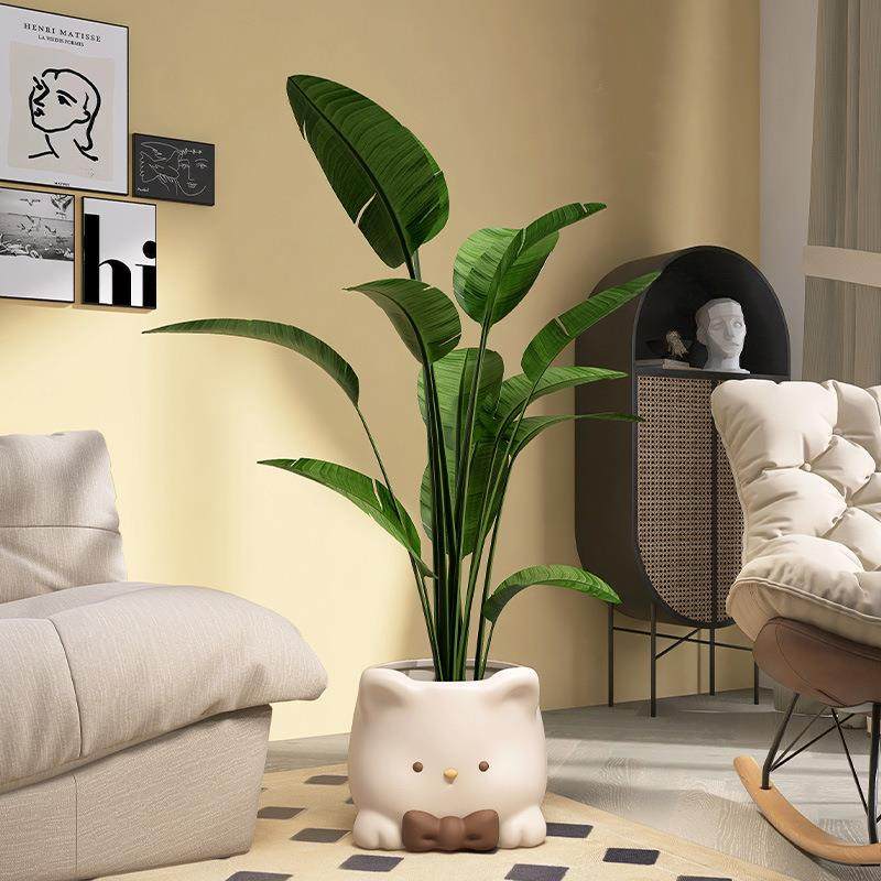 大型陶瓷猫花瓶落地摆件盆景客厅电视柜旁家居装饰品仿真绿植盆栽