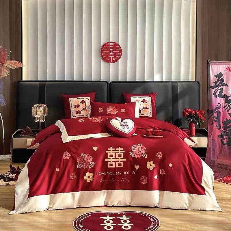 新中式风长绒棉100支婚庆结婚四件套纯棉大红色婚礼带抱枕多件套