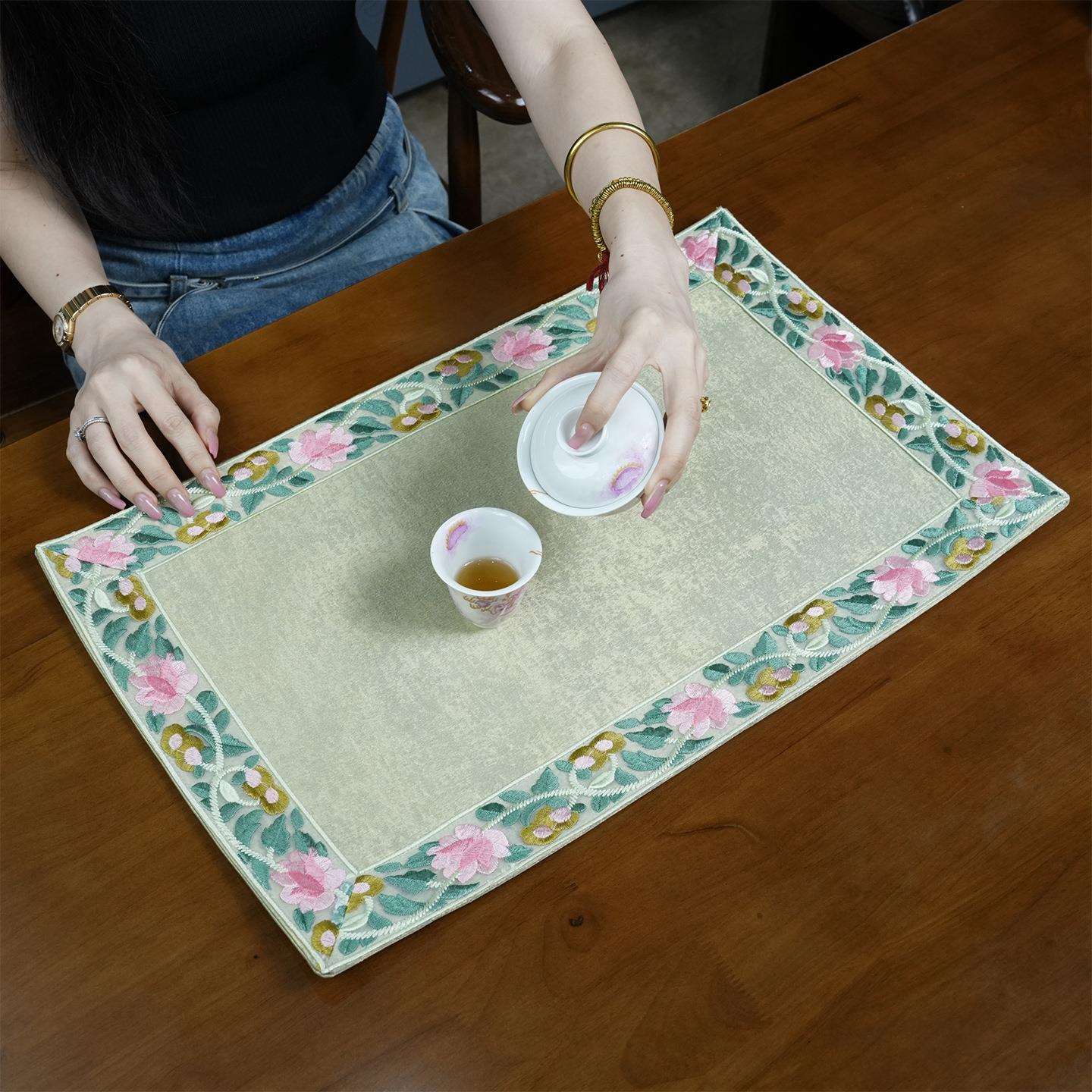 简约中式欧根纱手工刺绣茶席茶垫茶道配件花边茶席茶台干泡垫防水