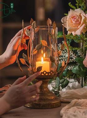 诞节烛复古蜡烛台欧式铁桌面烛台摆件带玻璃圣罩浪漫NXZ光装艺饰