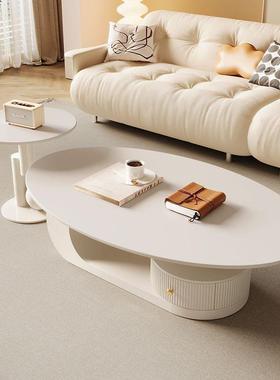 奶套油风茶格岩板椭圆11240形几客厅铁艺茶几小型新款网红茶桌户