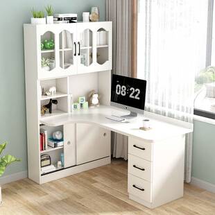 W6实木转角书桌书架一体简约家用学生写字桌子带书柜组合电脑台式
