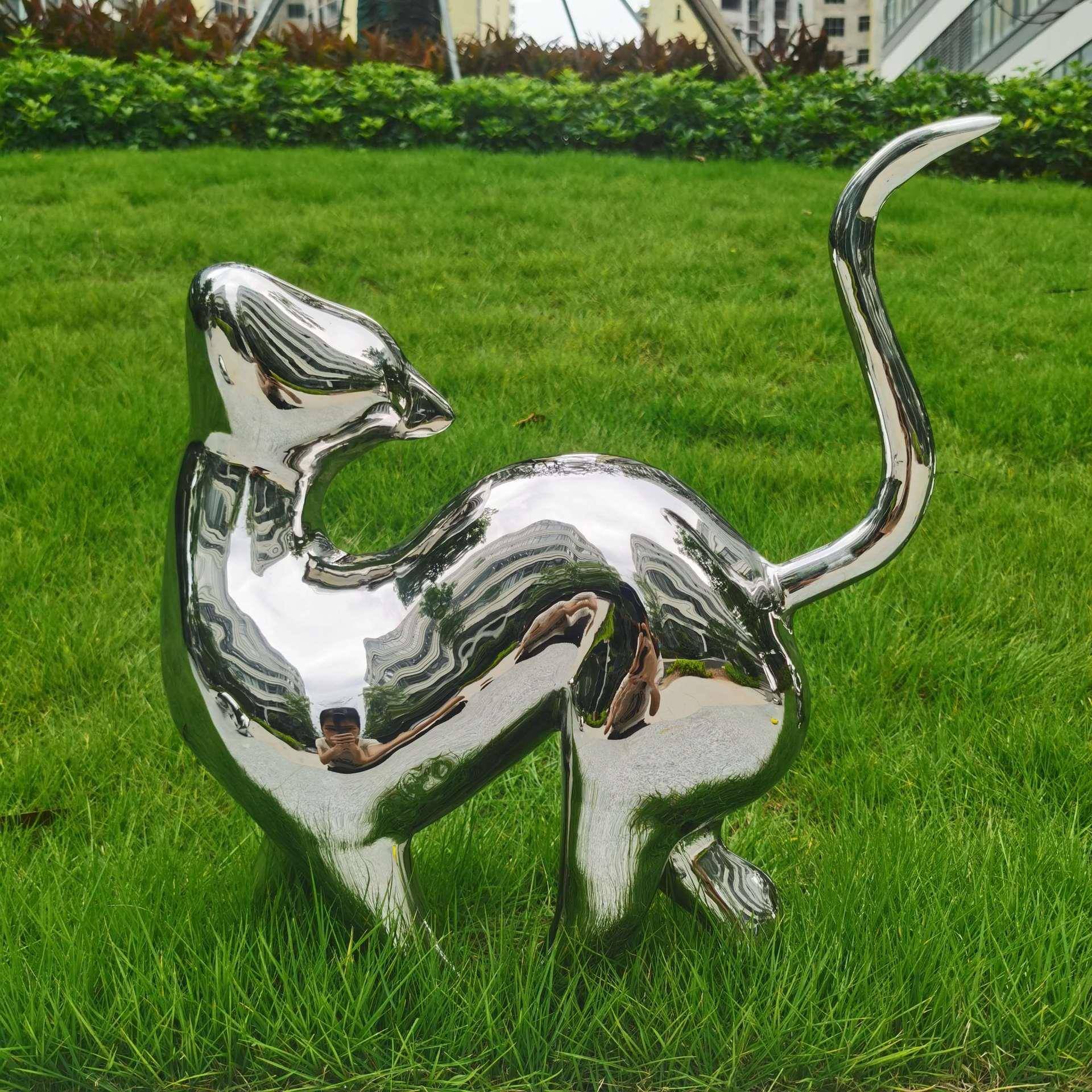 轻奢锈钢镜面塑小猫雕楼部别墅售园林景观抽象动物摆件不IJ装饰