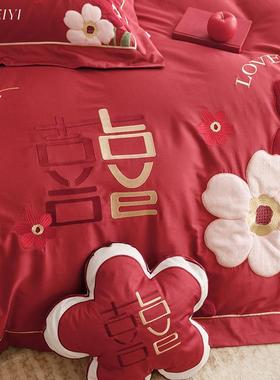 式浪漫法花纯卉结婚被床单四件套全棉棉100S喜大红色婚庆JVM床上