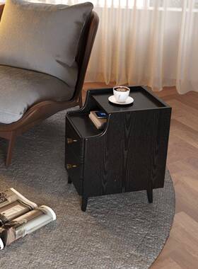 全木木床头柜橡中古RWE风黑色小茶几简现约代实美式法式床头置物