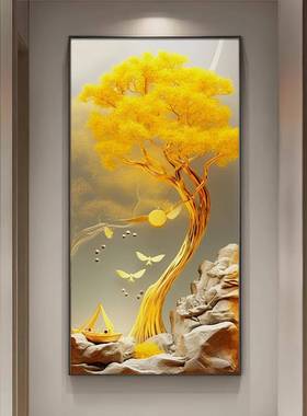 招财进宝关饰画发财树图客装厅入XZA户发光玄画轻奢走廊壁带灯挂