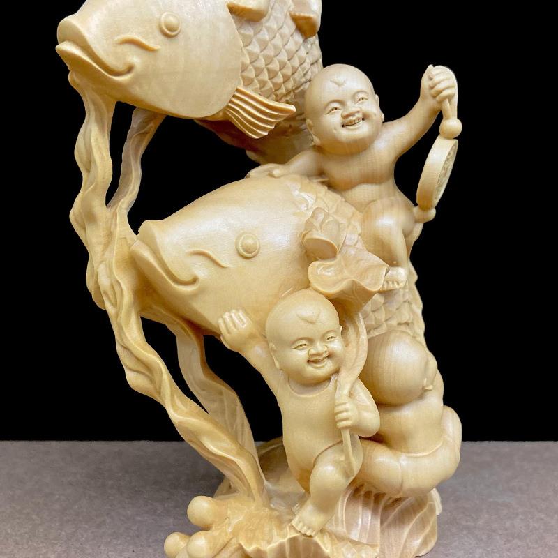 小黄杨木雕精雕五福临鲤门鱼跃VEH龙门五福童子摆送件礼家居叶实