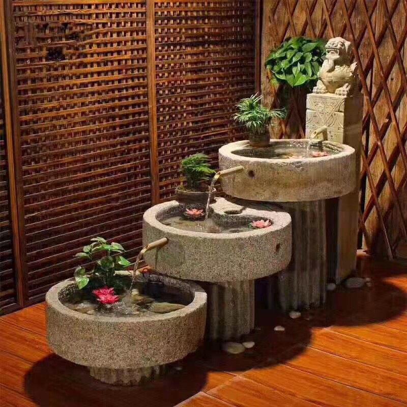 老石槽流水老磨盘 组合流水景 酒店老石器装饰摆件