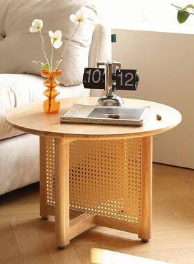 日式原木藤漆编茶几圆茶形桌小户JCF型客厅茶几天然松木免1级E高