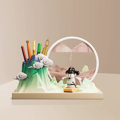 中国风李白文笔筒摆流沙画创件办公桌面装饰室品送老EHZ师纪念品